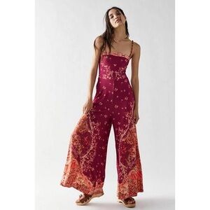 Free People Astrid Jumpsuit Floral Beaded Straps Wide Leg Wine Orange